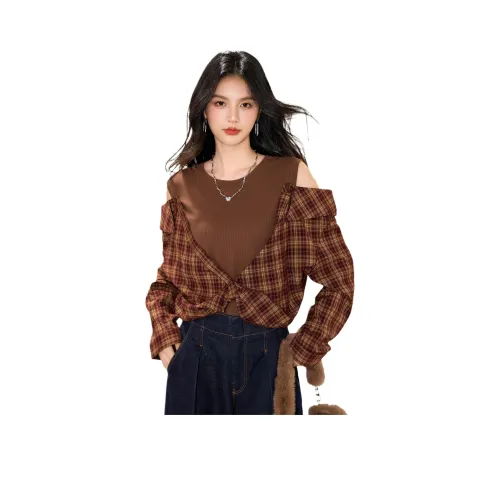 IWZI Женские рубашки T-рубашки в клетку красного и кофейного цвета