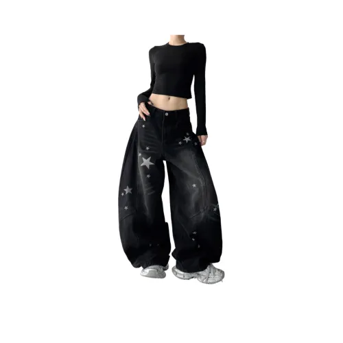 QEWBG Циан Shadow Черный Серый [Силуэт Тяжелый] Унисекс Джинсы