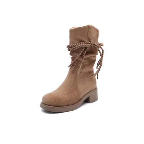 BAFFN Barn Style Ткани вязаные Tassels Пшеница Sheaf Винтаж Западный Cowboy Ботинки Ботильоны 6 см Женские CAMEL