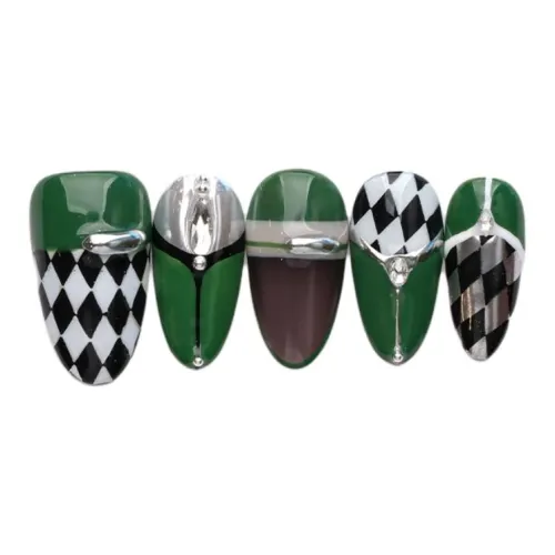 QUEENYARD Poker Лицо False Nail Овал Зеленый Jump Цвет Клетчатый