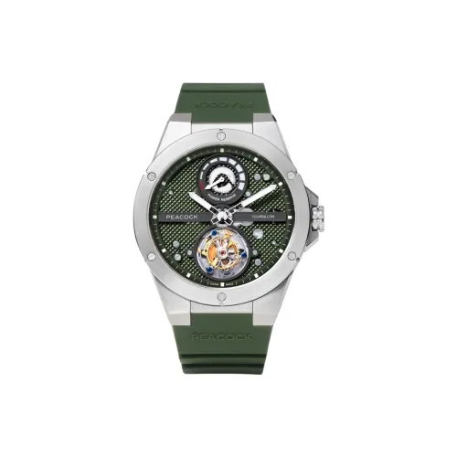 Павлин Уокер Коллекция Автоматический Ручной Механический Механизм Силиконовый Ремешок Часы Мужские Зеленый Циферблат