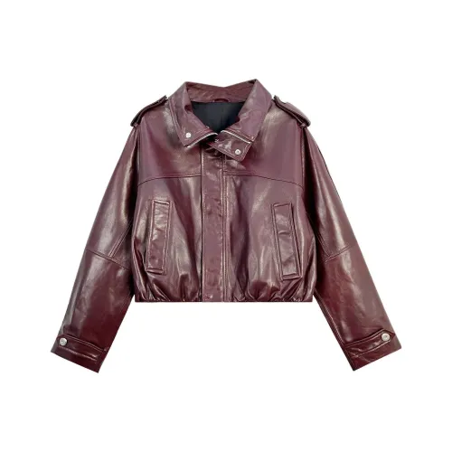 GZQJ Бургунди Женские Кожаные Куртки