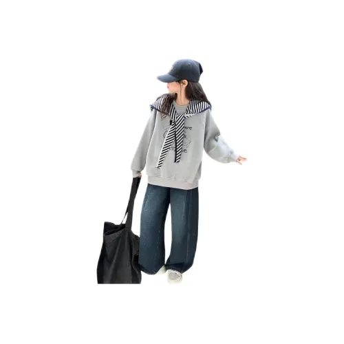 GOYN Серый Флисовый Свитшот с Полосами Шаль с Подкладкой Джинсы для Детей Повседневная Спортивная Одежда