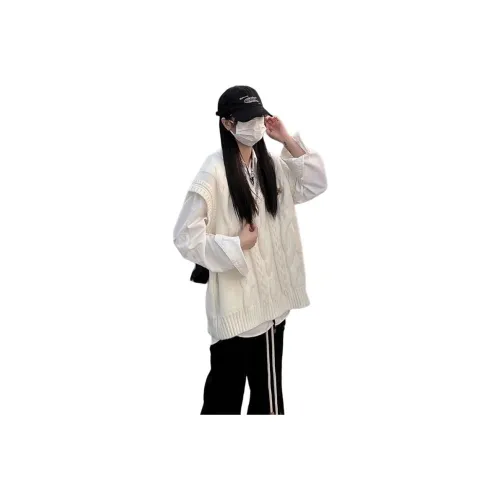 ZVJH Экрю Жилет + White Shirt Женские Трикотаж