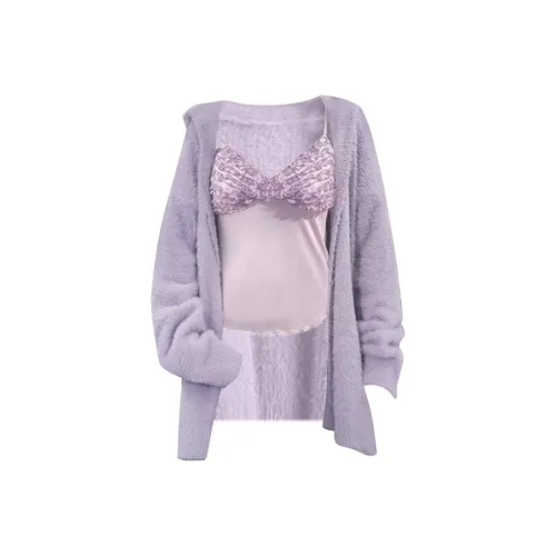 DYYPC Фиолетовый Трикотажная ткань Пальто + Фиолетовый Топ на бретелях Женские Трикотаж