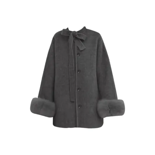 HeartyBite Серый Плащ Пальто Женские Меховые изделия