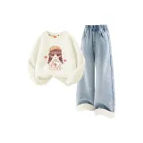 [Thickened и с флисовой подкладкой] Девушка обнимает кролика, цвет слоновой кости + однотонный, джинсовый, светло-синий