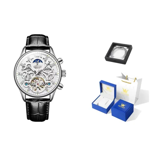 OLEVS Play The Cool Series Механическое механическое часы с кожаным ремешком Мужские часы Черный циферблат