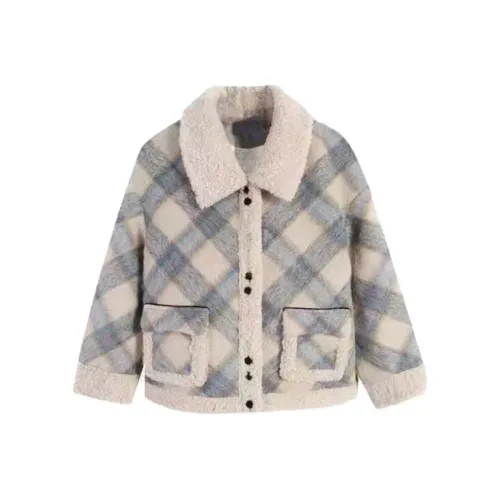 PZGE Синий Клетка Овца Пальто Женские Меховые изделия