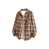 [Флисовая подкладка, термический] Бежевый, кофейный, клетка (M45, чернильный серый, улыбающееся лицо, низ, правая сторона, логотип B)