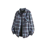 [Флисовая подкладка, термический] Синий кофейный клетчатый (M45 чернильно-серый, улыбающееся лицо, низ, правая сторона, логотип)