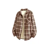 [Флисовая подкладка, термический] Бежевый, кофейный, клетка (Mt47 Мода, товар, левый карман, логотип A)