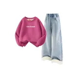 [Thickened и с флисовой подкладкой] Готический логотип K_Medium Ягодный красный + Однотонный Джинсовый светло-синий