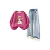 [Thickened и с флисовой подкладкой] Девушка обнимает кролика, ягодно-красный + однотонный, джинсовый светло-синий