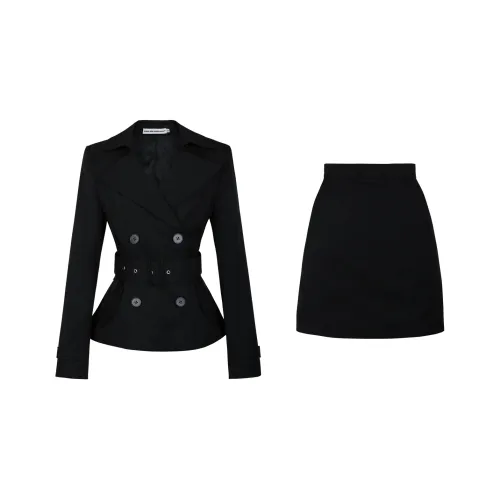 Черный укороченный тренч + черная короткая юбка с поясом женский комплект с юбкой