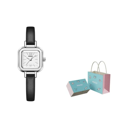 Miniso Small Square Sugar Collection Винтаж Кварцевый Механизм Кожаный Ремешок Часы Женские Серебристый Циферблат