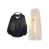 Чёрный топ + абрикосовые штаны