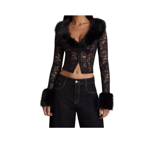OH POLLY Искусственный мех отделка кружево кардиган черный трикотаж женский