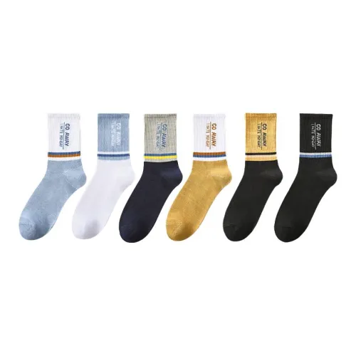 Lanza [6 пар] Белый Синий + Синий Белый + Серый Синий + Белый Желтый + Желтый Черный + Черный Мужские носки до икры MID