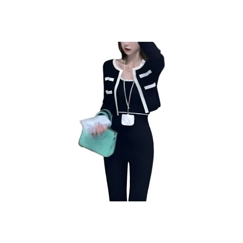 XIANSINIAO Черный кардиган + топ на бретелях двухкомпонентный комплект женский трикотаж