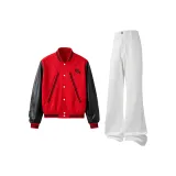 Комплект одежды (Красная бейсбольная куртка + Белые джинсы)