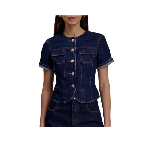 Meshki Облегающий Деним Короткий Рукав Топ Рубашка Женская