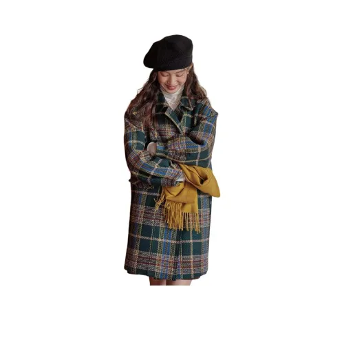 HAPG Коричневый Зеленый Клетчатый Женское Пальто