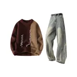 Кофейный топ + желтые грязные штаны