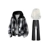 Black White Plaid Coat + White Sweatshirt + Black Sweatpants  
Черно-белое пальто в клетку + белый свитшот + черные спортивные штаны