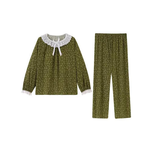 QIANSHENG Зеленый с Растением Женские Пижамные Комплекты