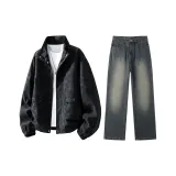 Комплект одежды (Черный флисовый топ + винтажные синие штаны)