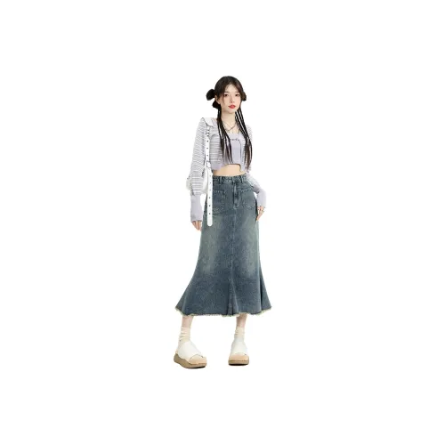 DGMZ Винтажный синий длинный юбка женский джинсовая длинная юбка