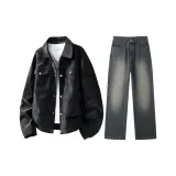 Комплект одежды (Черный флисовый топ + винтажные синие штаны)