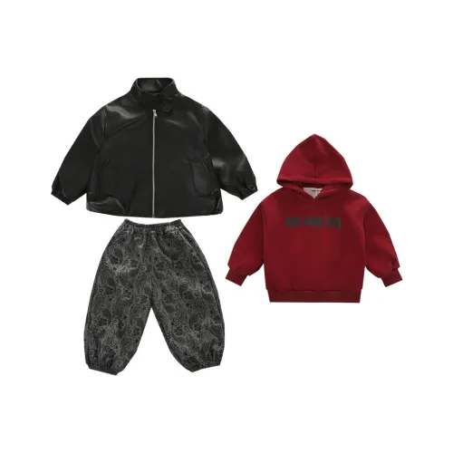 ZHIO Изображение Цвет Свитшот+Брюки+Кожаное Пальто THREE Комплект Kids Повседневная Спортивная Одежда