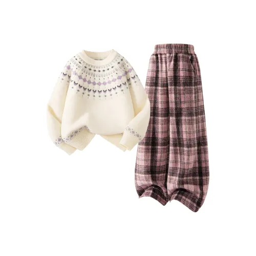 Disney [Утолщенный Wa Флис с подкладкой] Однотонный Сливочный + Однотонный Розовый Клетка Kids Повседневная Спортивная Одежда