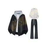 Камень-Промытый Черная Куртка + Белый Свитшот + Черные Джинсы