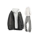 Джинсовая серая куртка + белый свитшот + дымчато-серые джинсы