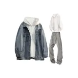 Джинсовая синяя куртка + белый свитшот + дымчато-серые джинсы