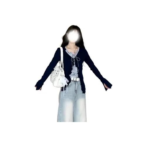 LANGQING Темно-синий синий кардиган + серый внутренний слой с подарками Wangqing бренд нарисованный женский трикотаж