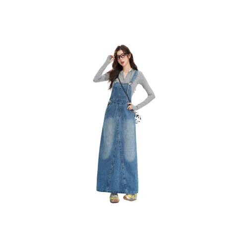 YINLEI Straps Denim Long Skirt Women's