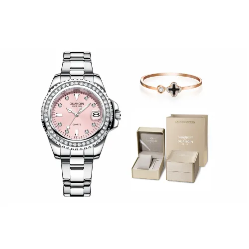 GUANQIN Кварцевый механизм нержавеющая сталь ремешок часы женские розовый циферблат