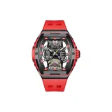 Чёрный корпус с чёрным циферблатом, красный ремешок