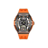 Чёрный корпус с чёрным циферблатом, оранжевый ремешок