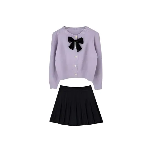 PZHK Фиолетовый Трикотажная Ткань Кардиган + Черная Юбка с Рифлением Женские Комплекты с Юбкой