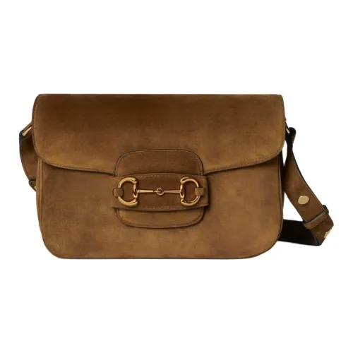GUCCI Horsebit 1955 Замша Плечевая Сумка Маленькая Женская Коричневая