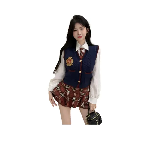 SNZX Комплекты одежды Темно-синий Жилет + Белая рубашка + Галстук + Красная клетка Юбка Женская Униформа