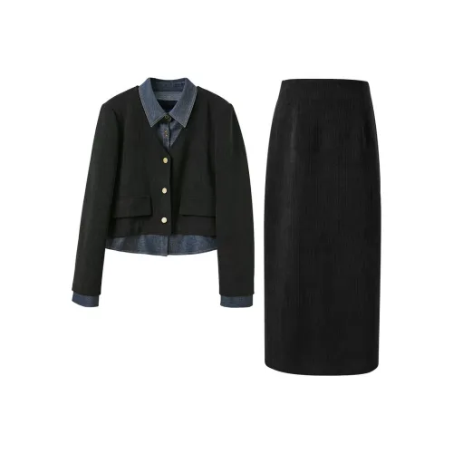 3COLOUR Комплекты одежды Классический черный Топ+Юбка Женские Повседневные костюмы