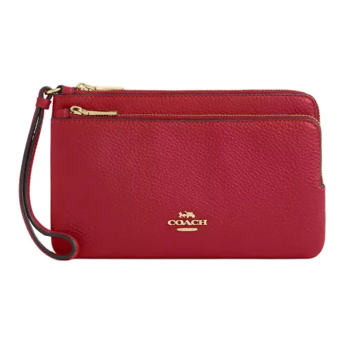 COACH Double Zip Wallet Pebble Leather Wallet Women's Genuine Red