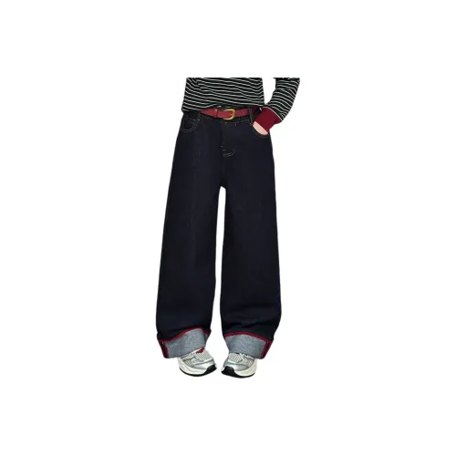 BaoLaXiaoJie Флисовые джинсы с красной отделкой школьные джинсы