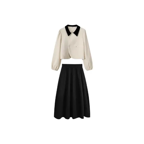 PZHK Экрю Топ + Черная Юбка Женские Комплекты с Юбкой